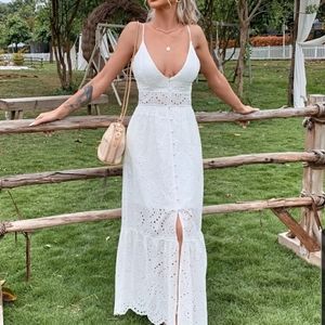 Will Bazar Button Front Ruffle Hem Schiffy Center Slit Maxi Dress